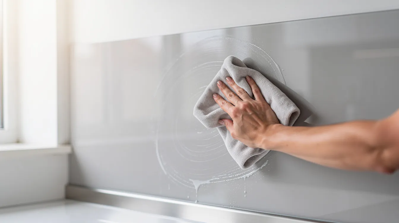 Eine Person reinigt eine glatte Küchenrückwand mit einem weichen Tuch, wobei die Oberfläche der Küchenrückwand, möglicherweise aus Glas oder Alu-Dibond, von Schmutz und Fett befreit wird. Der Spritzschutz für die Küche wird dadurch wieder strahlend sauber und sorgt für eine ansprechende Küchengestaltung.