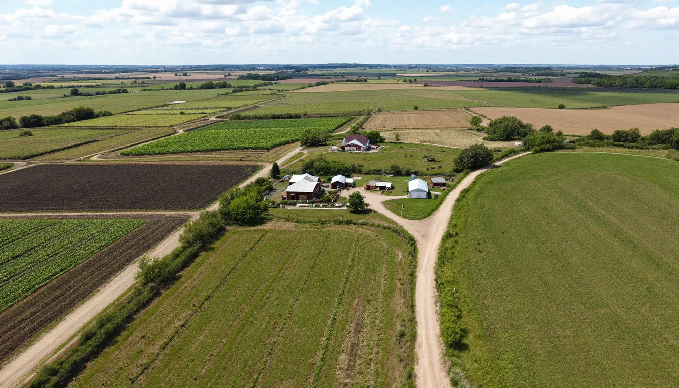 Uma vista aérea de uma propriedade rural revela diversas áreas cultivadas, pastagens verdes e infraestrutura, destacando a localização geográfica e a gestão do imóvel rural. Essa imagem ilustra a diversidade dos recursos naturais e o uso eficiente das terras na avaliação de imóveis rurais.