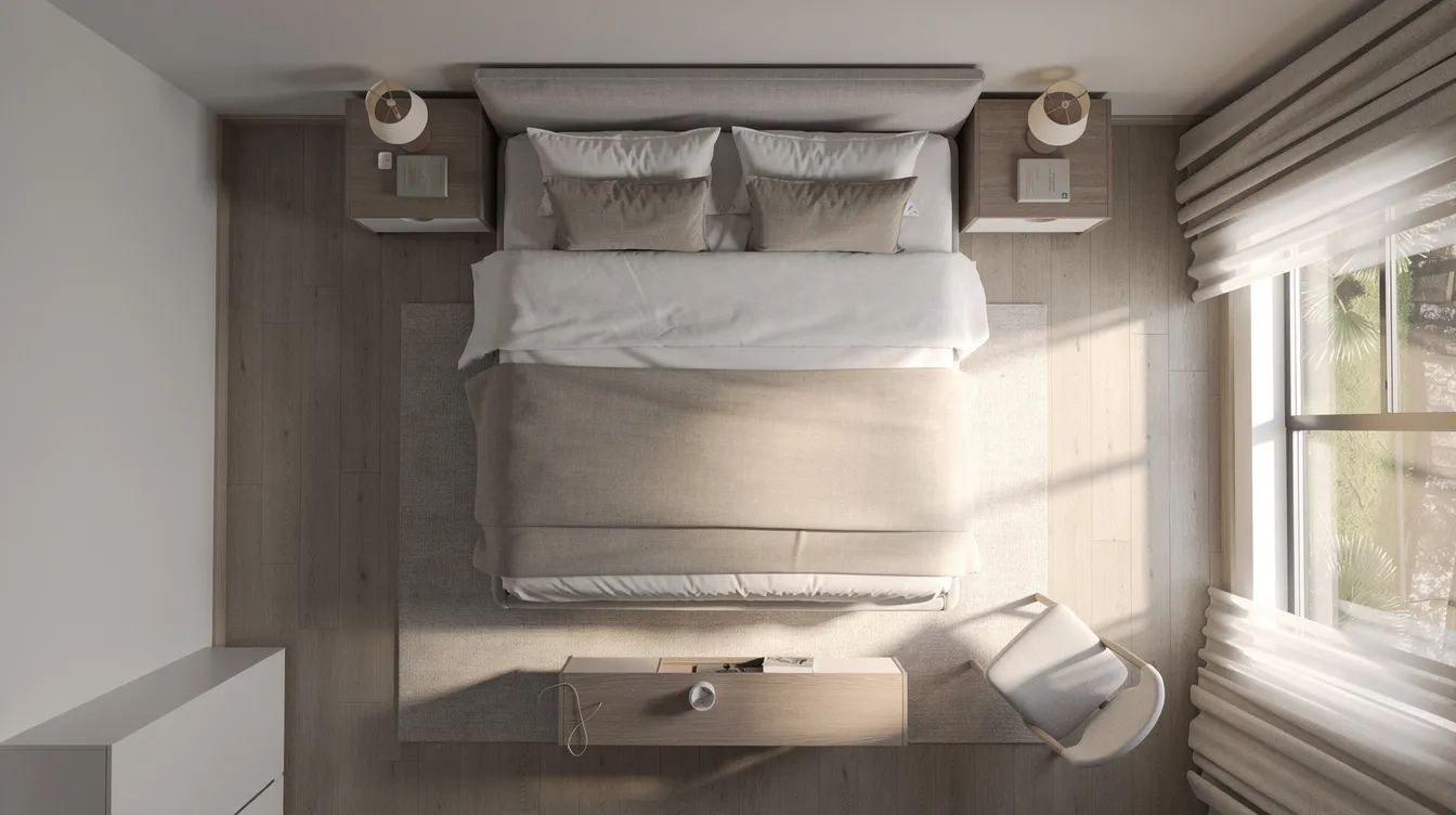 This image shows a bird's eye view of a well-organized bedroom featuring a queen size bed surrounded by clear walking paths and matching bedside tables, creating an inviting space for comfortable sleep. The layout emphasizes ample floor space, making it easy to navigate around the bed while maintaining a cozy atmosphere.