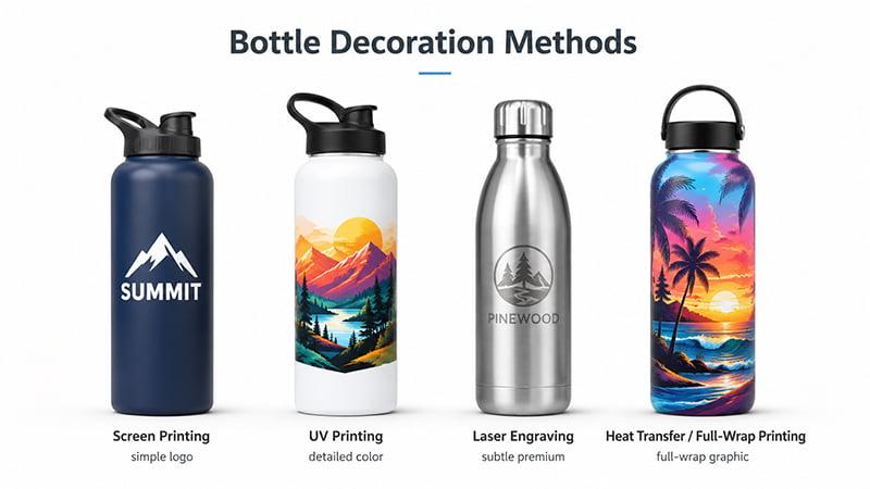 Water bottle decoration methods including screen printing, UV printing, laser engraving, and full-wrap printing