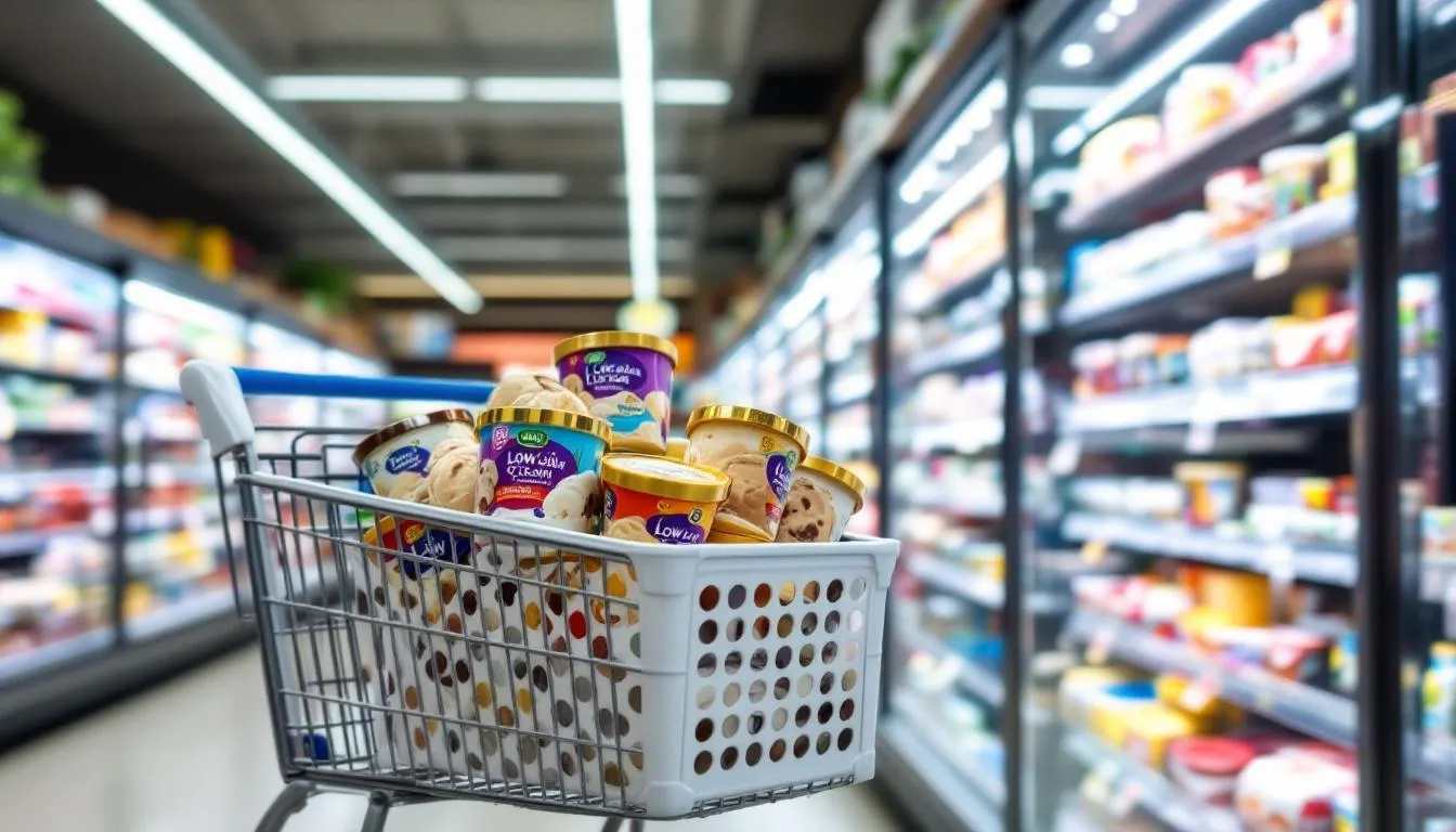 The image shows a shopping cart filled with various low calorie ice cream options, including pints of creamy low cal ice cream and ice cream bars, all displayed in the freezer aisle of a grocery store. Flavors like chocolate, peanut butter cup, and strawberry are visible, catering to different dietary preferences while offering a delicious treat for those with a sweet tooth.