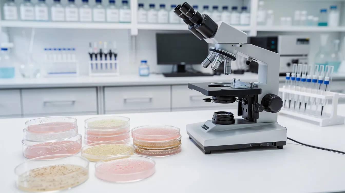 The image depicts a laboratory setting featuring a microscope and several petri dishes containing cell cultures, which are essential for studying cellular reprogramming and the biological mechanisms involved in the aging process. This environment is conducive to research on emotional and mental health, as well as exploring longevity science and the health span of human cells.