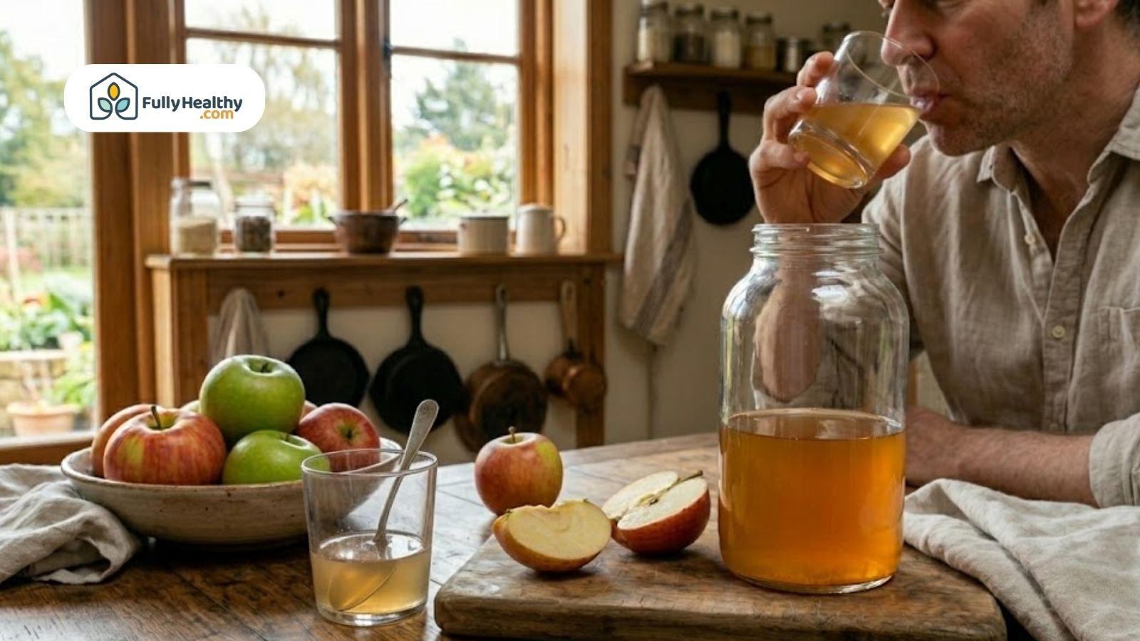 Person drinking a glass of diluted apple cider vinegar at a kitchen table with fresh apples