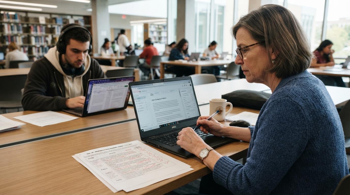 Teacher reviewing digital assignments on a computer with a printed grading rubric on the desk, while a student in the background works on an academic essay.