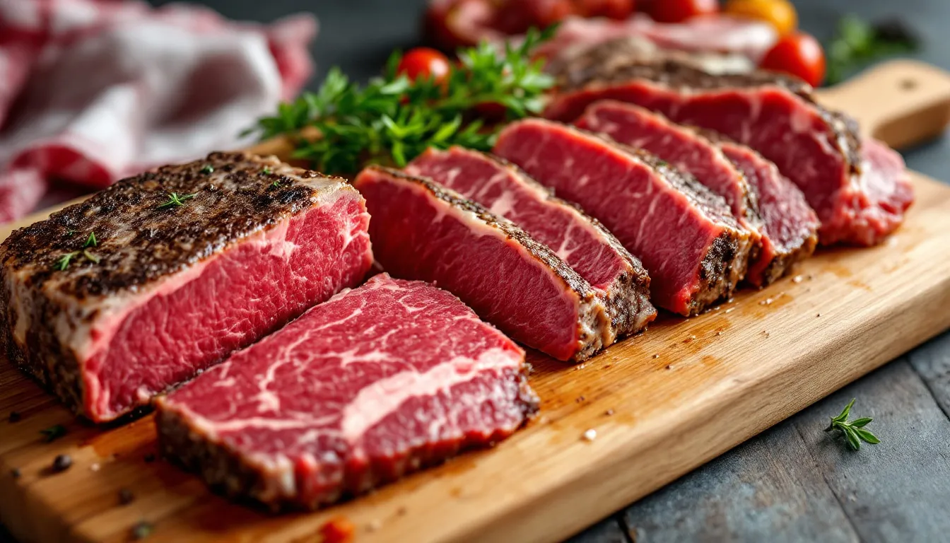 Best cuts of beef for air frying displayed on a wooden cutting board.