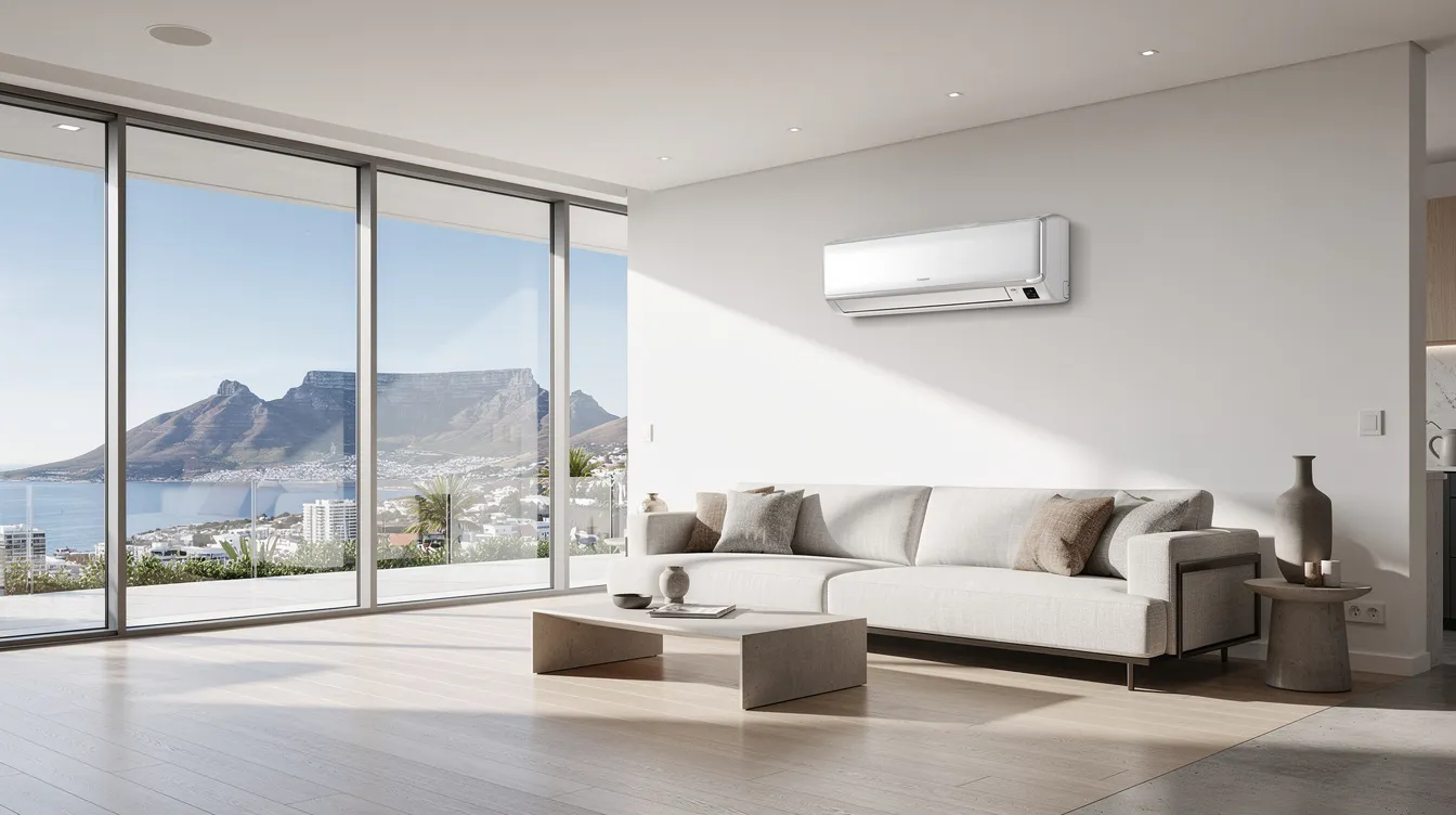 The image depicts a modern open-plan home in Cape Town, featuring large windows that showcase the stunning view of Table Mountain in the background. A sleek wall-mounted split inverter air conditioner unit is installed above a stylish couch, providing efficient cooling and comfort in the indoor space.