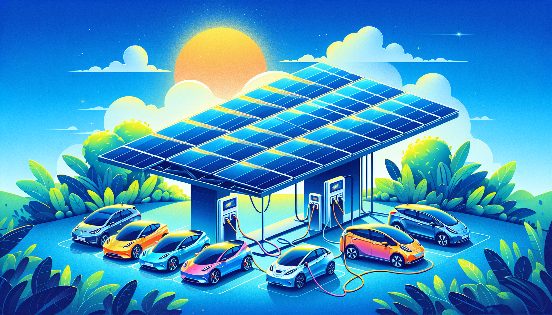 An artistic representation of electric vehicles charging with solar power.