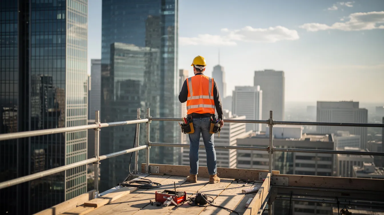 A construction worker stands confidently on top of scaffolding, overlooking a vibrant city skyline filled with tall buildings, symbolizing the potential for real estate investment and development. The scene captures the essence of commercial real estate, where the worker represents the vital role of equity and debt financing in shaping urban landscapes.