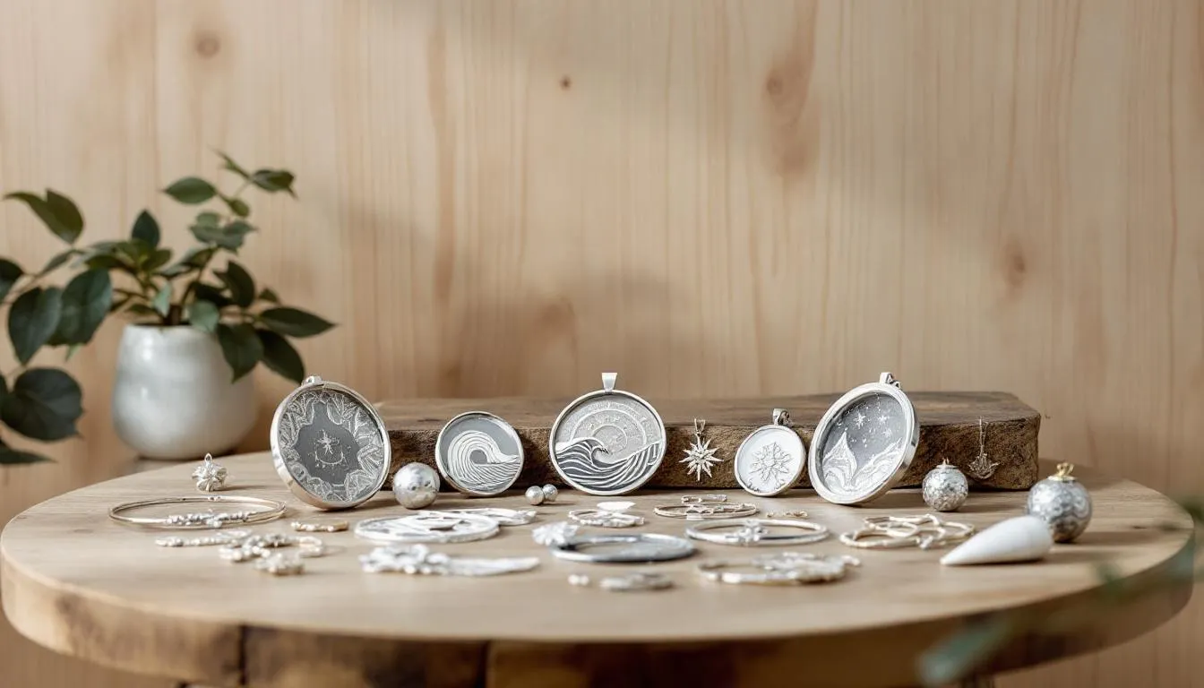 The image showcases a collection of sustainable spiritual jewelry, featuring elegant sterling silver necklaces adorned with natural stones and crystals. This assortment includes prayer beads and cocktail rings, each piece symbolizing emotional healing, protection from negative energies, and the pursuit of inner peace.