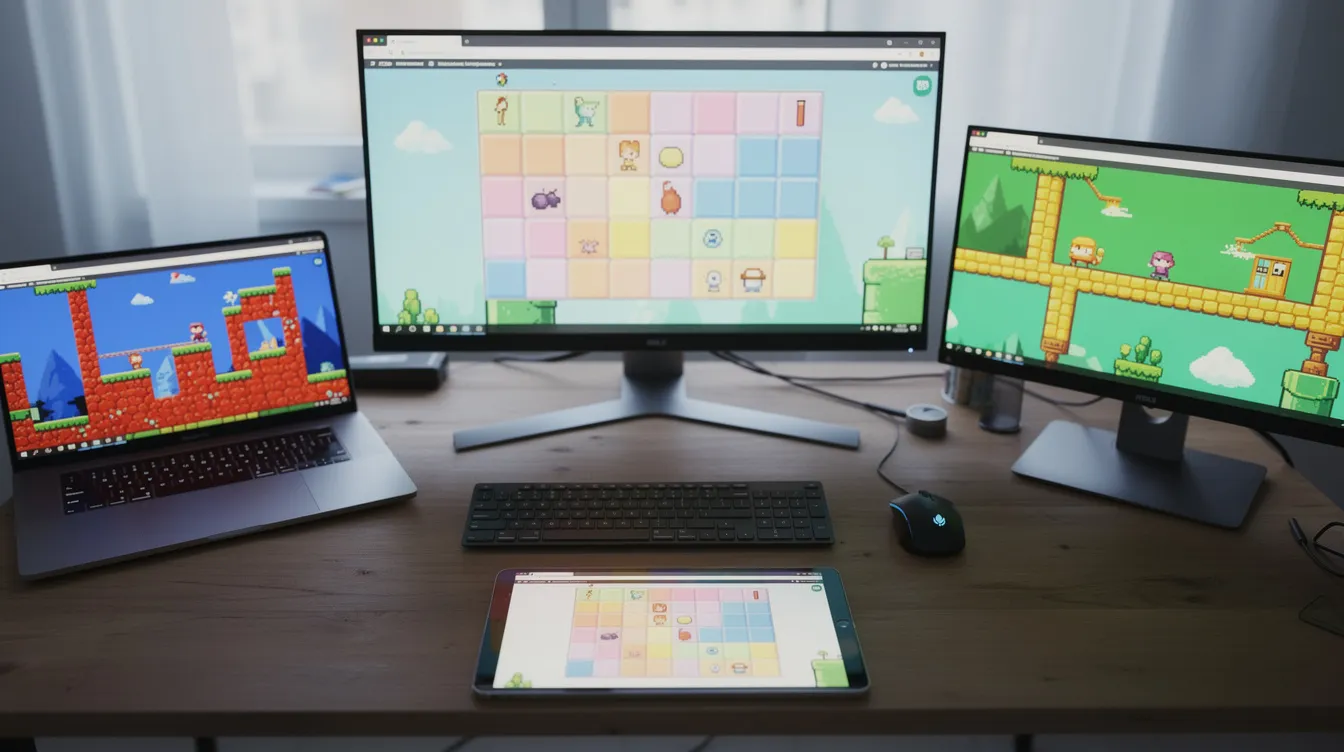 The image features multiple device screens on a desk, each displaying vibrant 2D games running in browser windows, showcasing various art styles and gameplay mechanics. This setup highlights the fun and creativity involved in game development, allowing users to create and play games instantly.