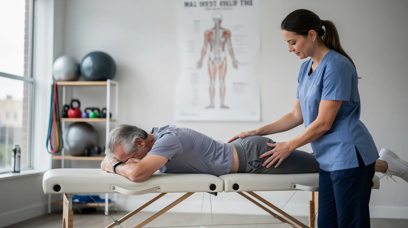 Un paciente se encuentra en una sesión de fisioterapia, recibiendo tratamiento para la rehabilitación de su espalda tras sufrir lesiones por caídas. El fisioterapeuta le ayuda a realizar ejercicios que mejoran su calidad de vida y recuperan su movilidad.