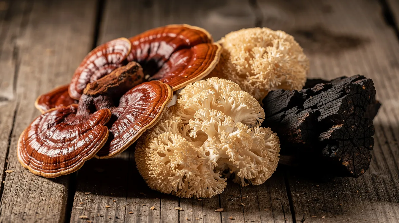 A close-up image showcases various dried medicinal mushrooms, including reishi, lion's mane, and chaga, artfully arranged on a rustic wooden surface. These real mushrooms are known for their health benefits, including supporting immune function and enhancing cognitive function, making them popular in mushroom supplements and extracts.