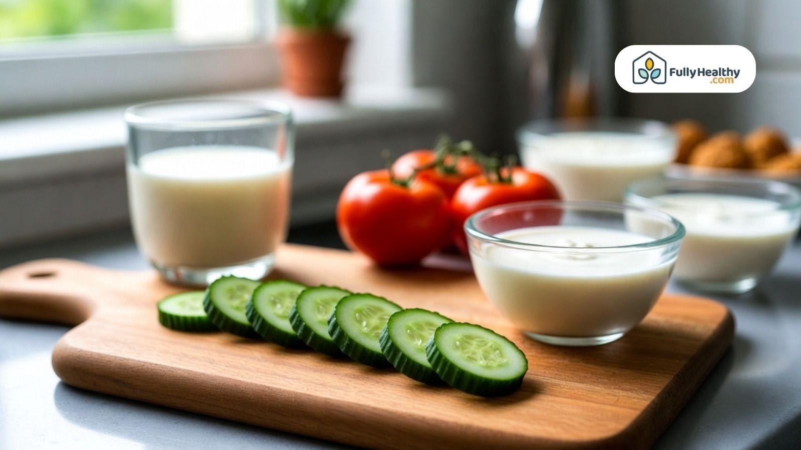 Fresh cucumber slices with yogurt, milk, and tomatoes arranged on a cutting board.