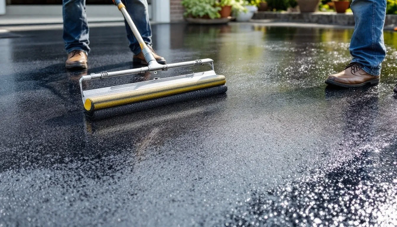 An asphalt driveway in Michigan showing a sealcoating process, illustrating the average cost of driveway sealcoating.