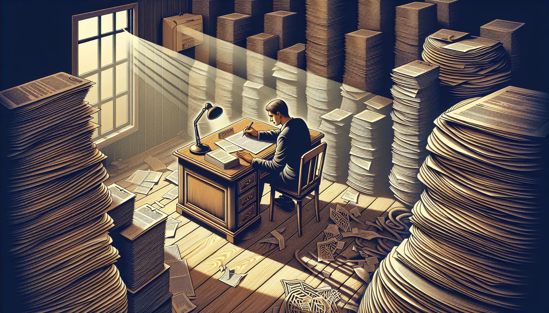 Business owner navigating loan application paperwork, illuminated desk amidst stacks of documents.