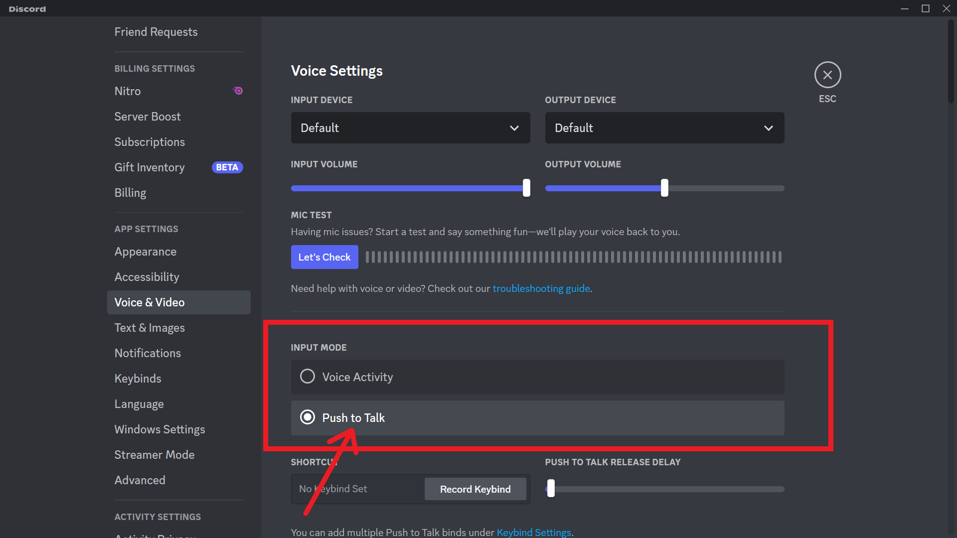 Selecting the Push to Talk feature on Discord desktop 