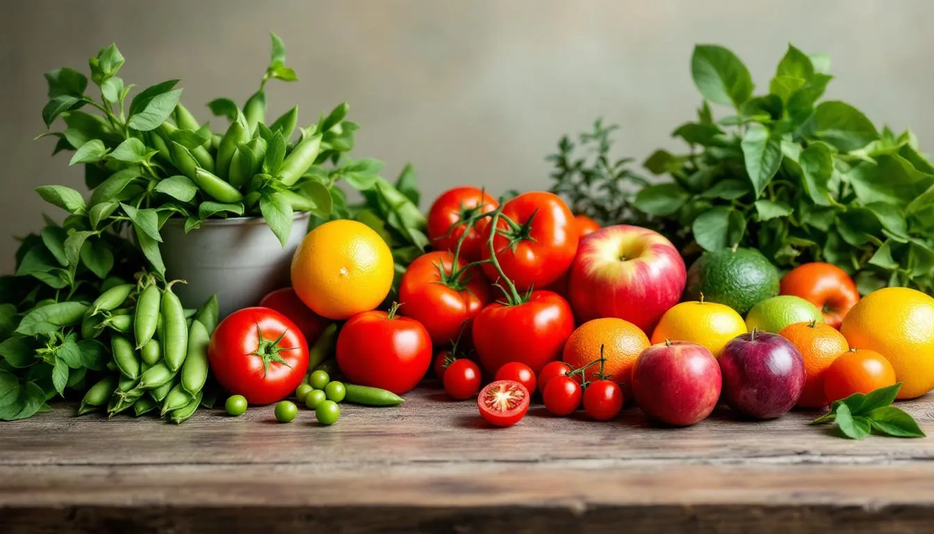 The image features a vibrant seasonal produce arrangement showcasing spring peas, summer tomatoes, fall apples, and winter citrus fruits like oranges and lemons. This colorful display highlights the health benefits of fresh fruits and vegetables, rich in vitamins and antioxidants, perfect for making refreshing juices and smoothies.
