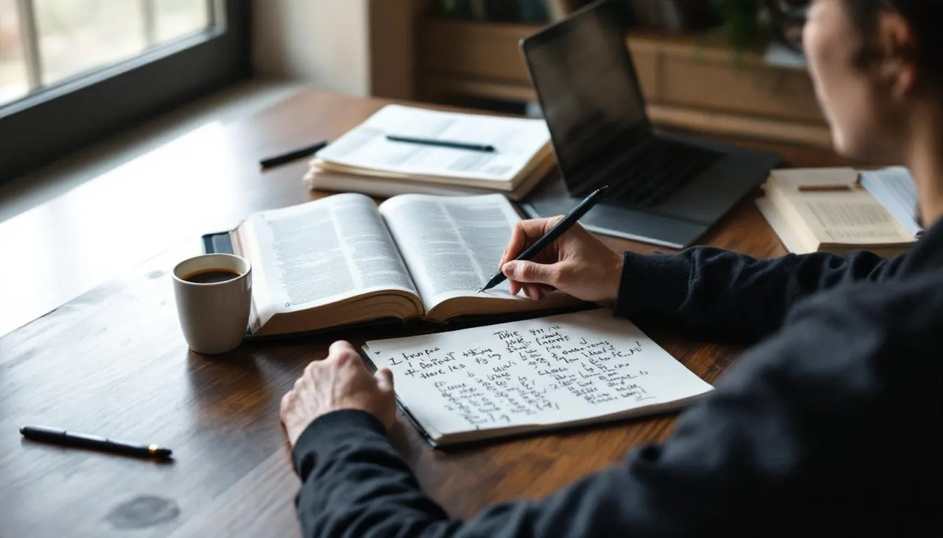 A person studying the Bible with notes, focusing on avoiding pitfalls of prooftexting.