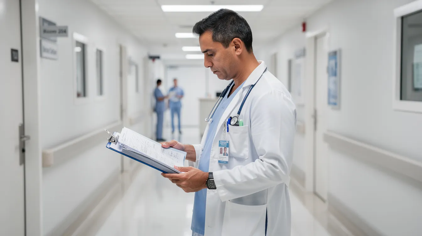 A medical professional is seen reviewing patient charts in a hospital corridor, highlighting the importance of accurate medical records in preventing medical malpractice incidents. This careful examination is crucial for ensuring patient safety and can play a significant role in medical malpractice cases and settlements.