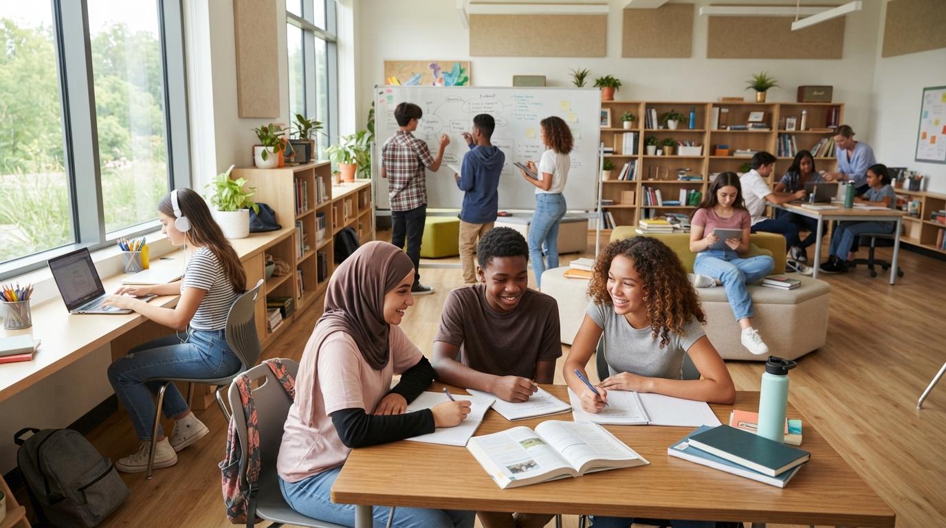 Photorealistic diverse students learning in different ways inside a modern classroom, some collaborating, others studying independently on laptops, personalized education concept, natural lighting.