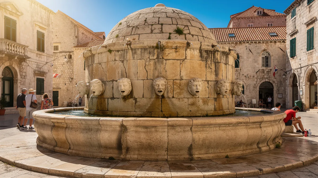 A imagem mostra a Fonte de Onofrio, uma estrutura histórica localizada na cidade de Dubrovnik, Croácia. A fonte é adornada com esculturas e jatos de água, refletindo a rica cultura e história da região, que já foi parte do Império Austro-Húngaro.