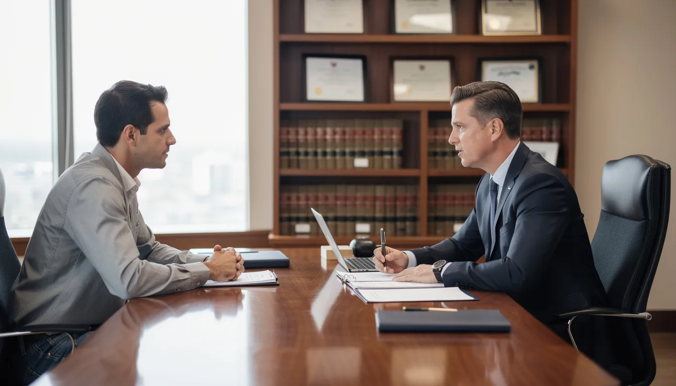 The image shows an attorney and a client engaged in a discussion at a desk, with legal documents and a laptop present, reflecting the serious nature of workplace injury cases and workers compensation benefits. This meeting highlights the importance of understanding Colorado's wage laws and the legal protections available for injured workers.