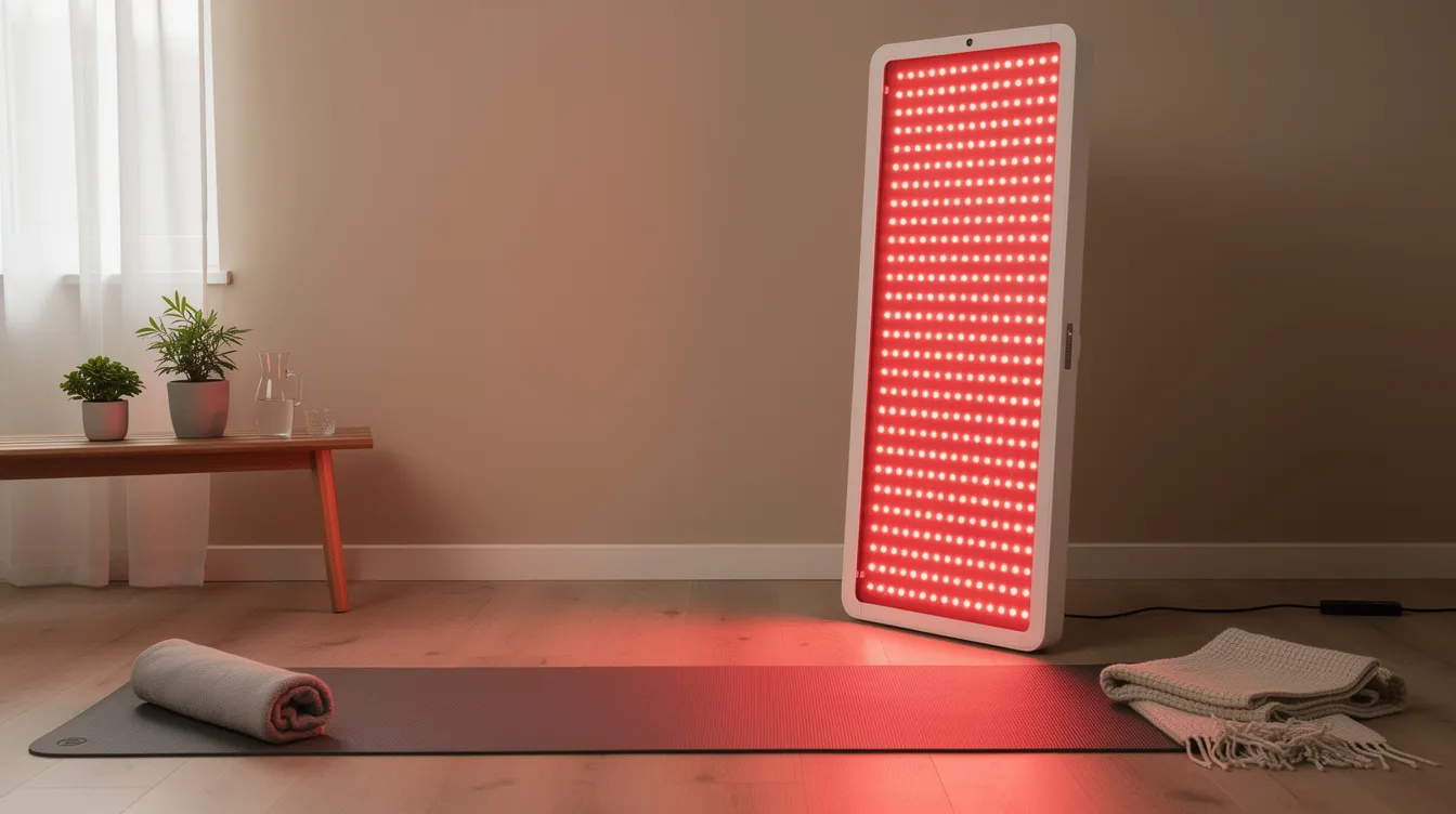 The image features a modern red light therapy panel set up in a cozy home wellness environment, designed to promote health and well-being through innovative therapies aimed at reversing aging and enhancing skin vitality. This setup reflects a growing trend in the pursuit of longevity and improved biological age, showcasing the benefits of red light in supporting overall health and energy levels.