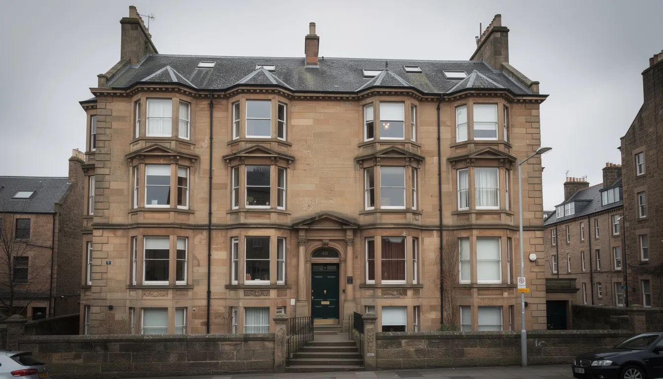 The image depicts a traditional Scottish tenement building featuring elegant bay windows that enhance its classic architectural style. This type of structure may require modern upgrades, such as boiler installation or a new heating system, to improve energy efficiency and reduce heating bills.