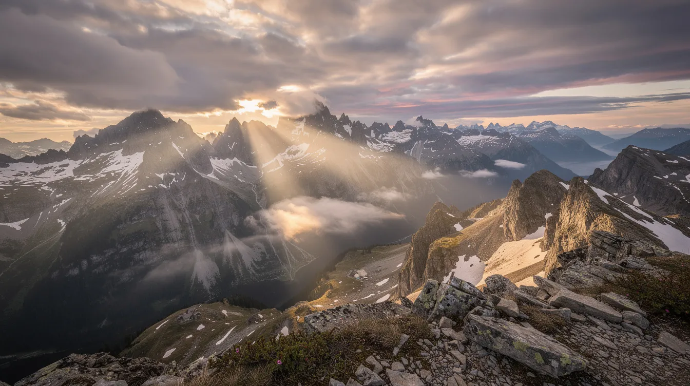 A breathtaking sunrise casts a golden glow over a rugged mountain range, with clouds illuminated by the light, evoking a sense of divine presence reminiscent of the holy mountains in the Bible, such as Mount Sinai and Mount Zion. This scene symbolizes a transformative encounter with God, reflecting the spiritual significance of mountains in Jewish and Christian cultures.