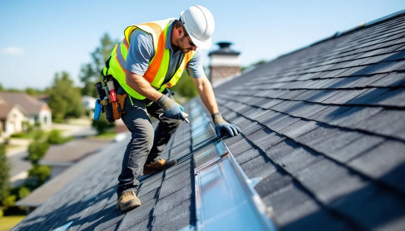 A professional roofer is inspecting the roof flashing on a residential roof, checking for any signs of damage or improper installation that could lead to water intrusion. The roofer is focused on ensuring a watertight seal in critical areas, such as around chimneys and vents, to prevent leaks and protect the home from potential water damage.