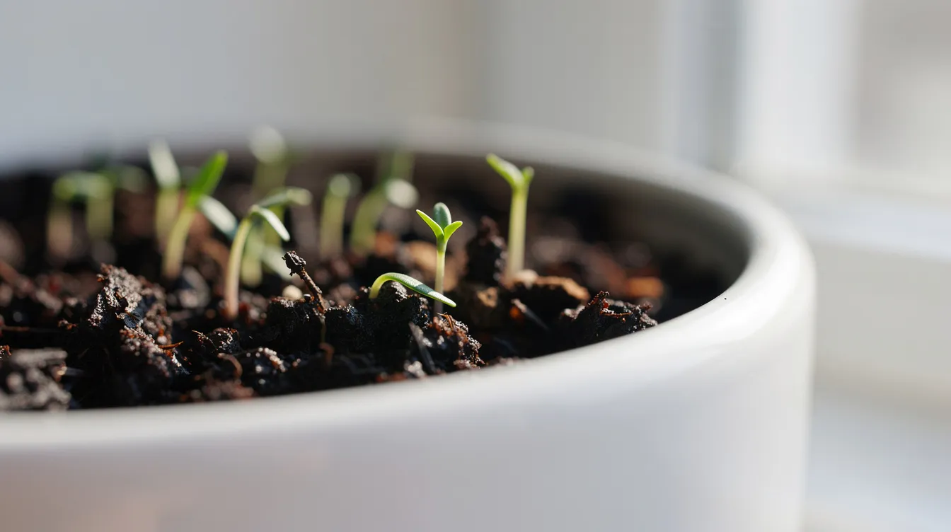 A close-up view of tiny green grass seedlings, including wheatgrass, just beginning to sprout from dark soil in a white ceramic pot, ideal for indoor cats. This fresh cat grass provides essential nutrients and fiber, promoting healthy digestion and overall health for your feline friends.