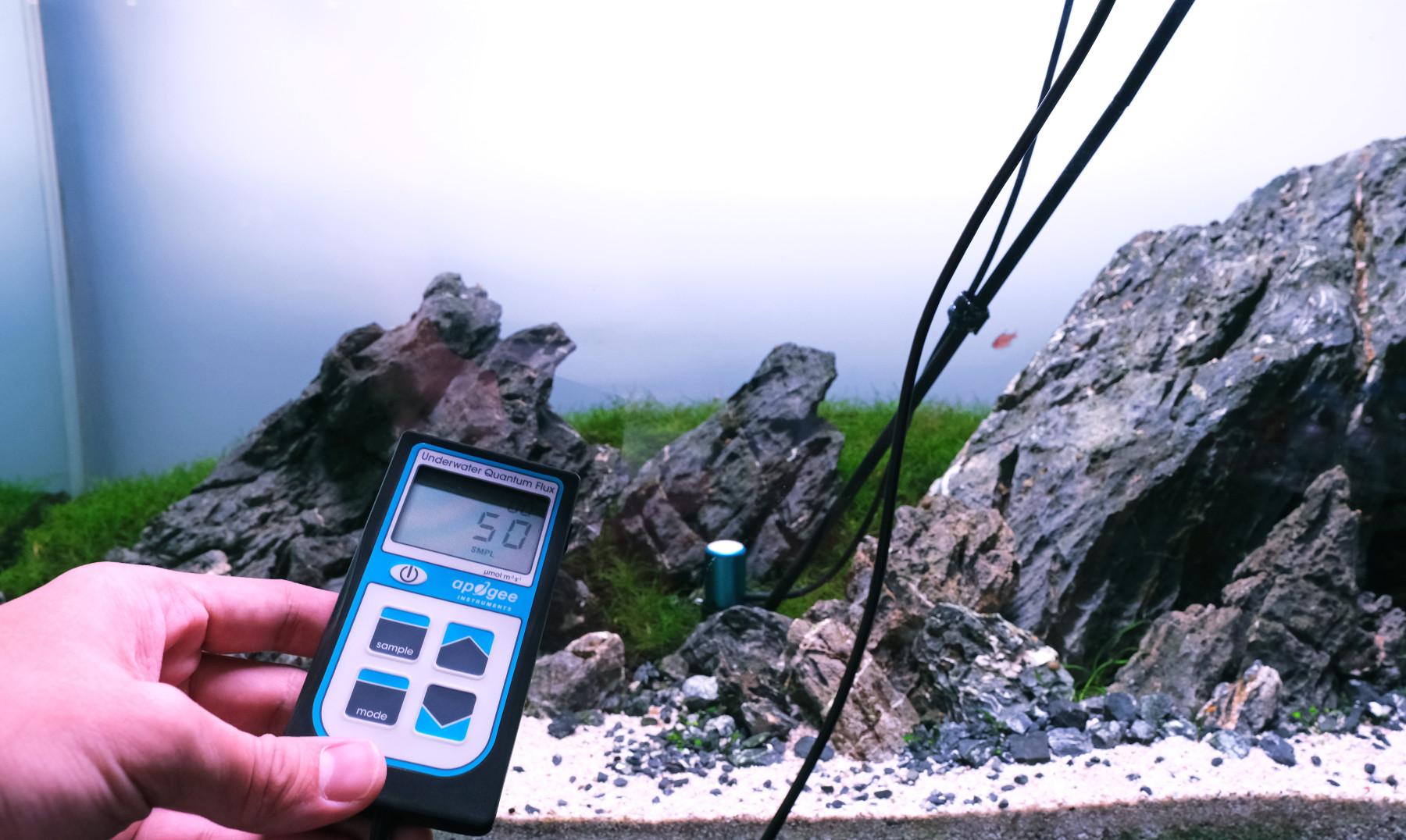 Measuring light strength using a PAR meter and sumberged probe in a large iwagumi aquascape