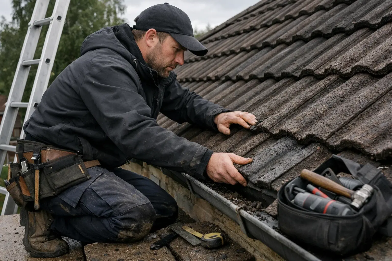 reliable roofer inspecting roof tiles and guttering in Stockport
