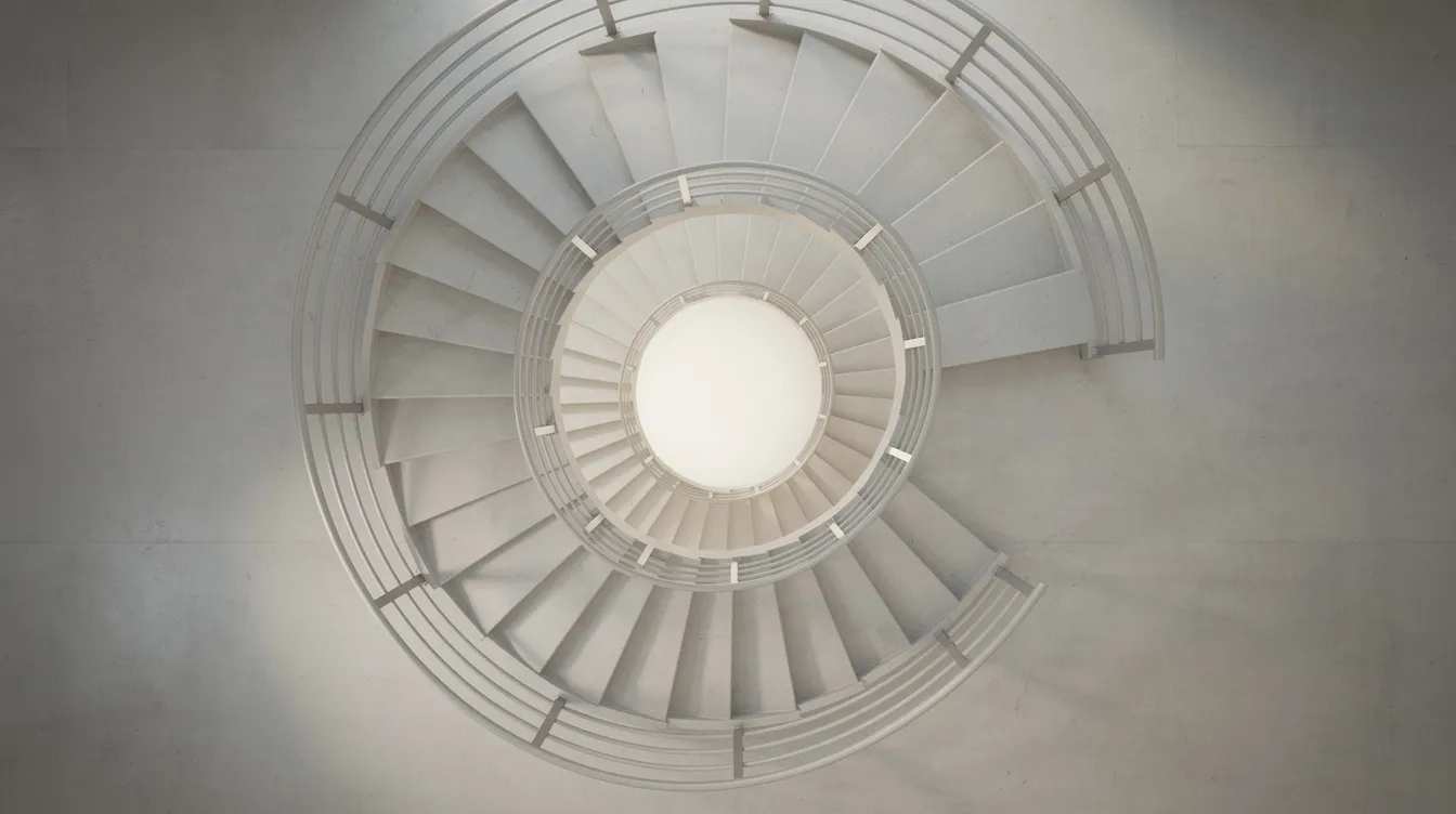 Cette image montre un escalier en colimaçon vu du dessus, symbolisant un cheminement structuré vers la prise de décision efficace au travail. Les courbes de l'escalier évoquent le processus de réflexion et d'analyse nécessaires pour prendre des décisions éclairées dans un environnement professionnel.