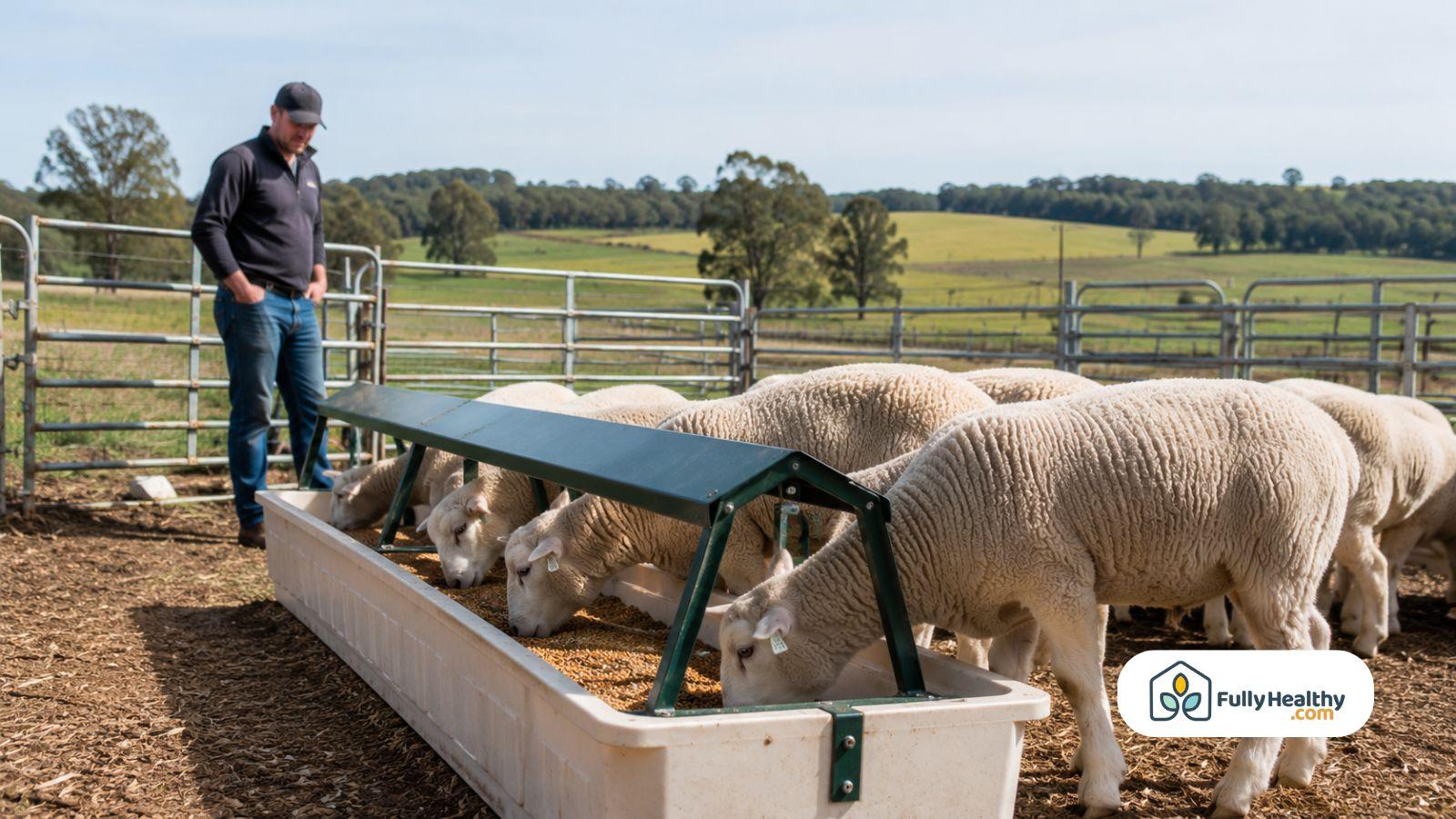Farmer watching lambs eat feed from trough in pasture