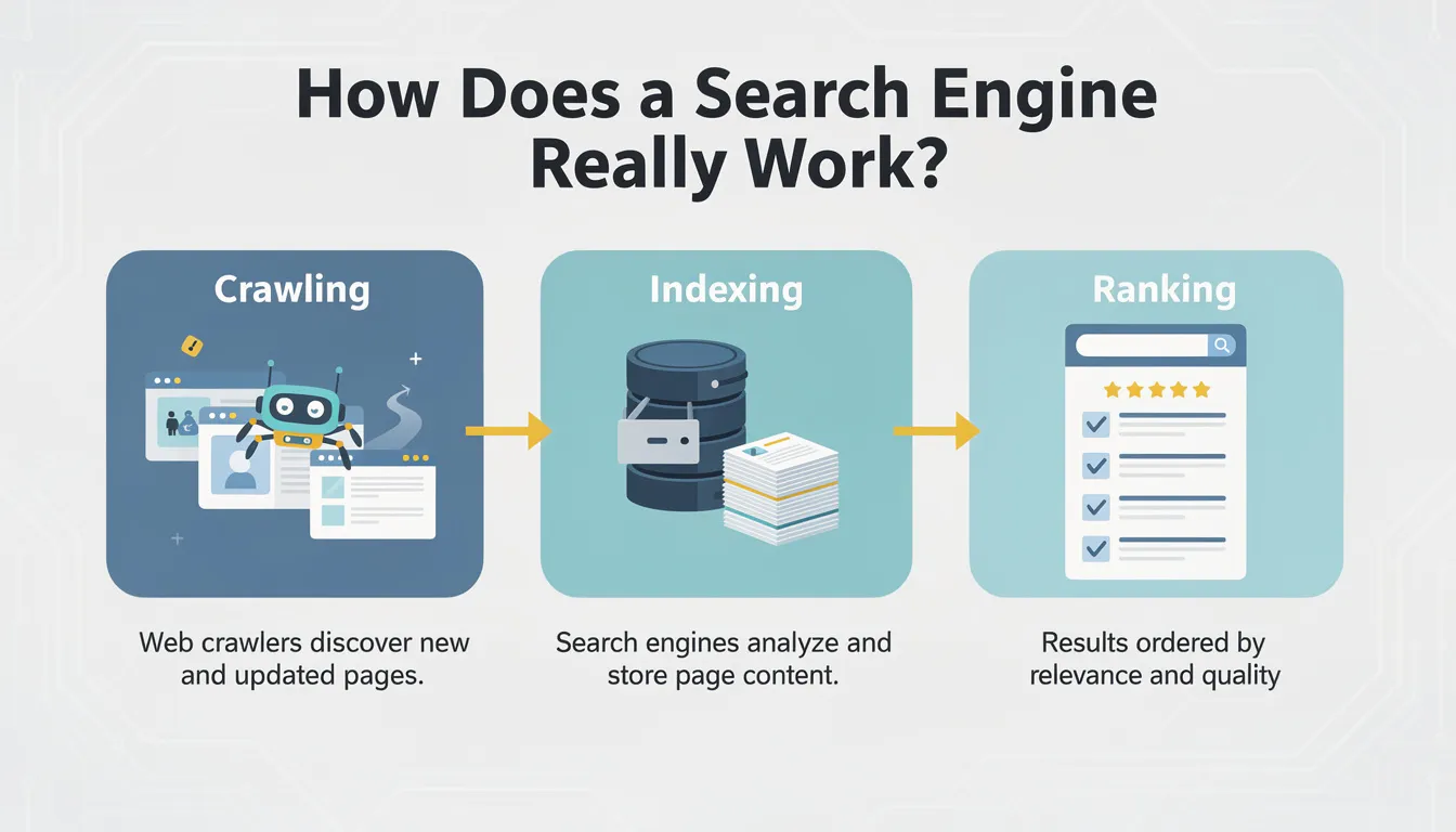 The image illustrates the process of how search engines work, highlighting the stages of crawling, indexing, and ranking web pages. It shows web crawlers discovering new content, indexing it for search results, and ultimately determining the most relevant results for user queries.