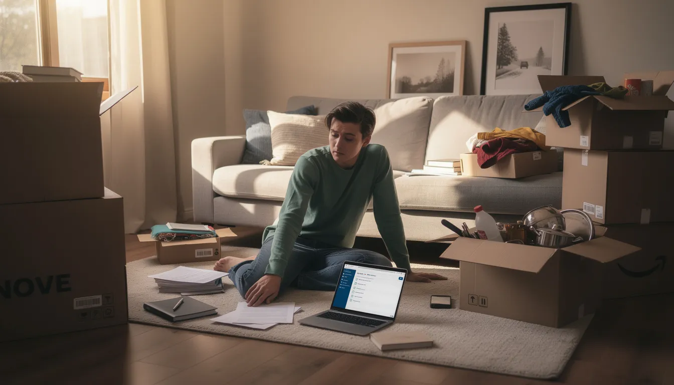 A person is seated in a cluttered living room filled with moving boxes, a laptop open in front of them, and scattered paperwork around, suggesting a chaotic transition in their life. This scene may evoke feelings related to identity theft, as they navigate the emotional toll and potential legal implications of managing their financial accounts during this time.
