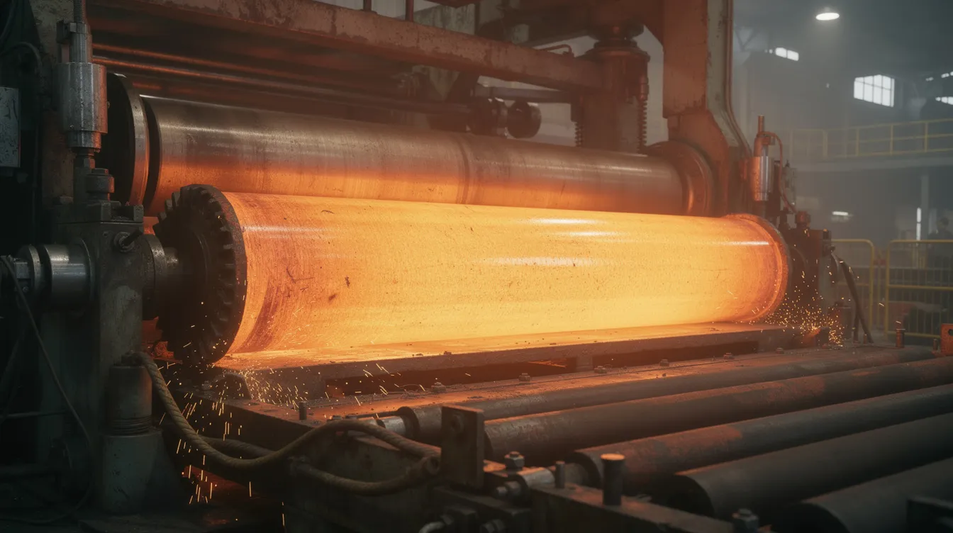 A glowing orange steel slab is being processed through large industrial rollers in a steel plant, showcasing the hot rolling process essential for shaping raw materials into desired forms. The intense heat and pressure create a smooth surface finish, highlighting the modern steel manufacturing techniques used to achieve consistent quality in steel products.
