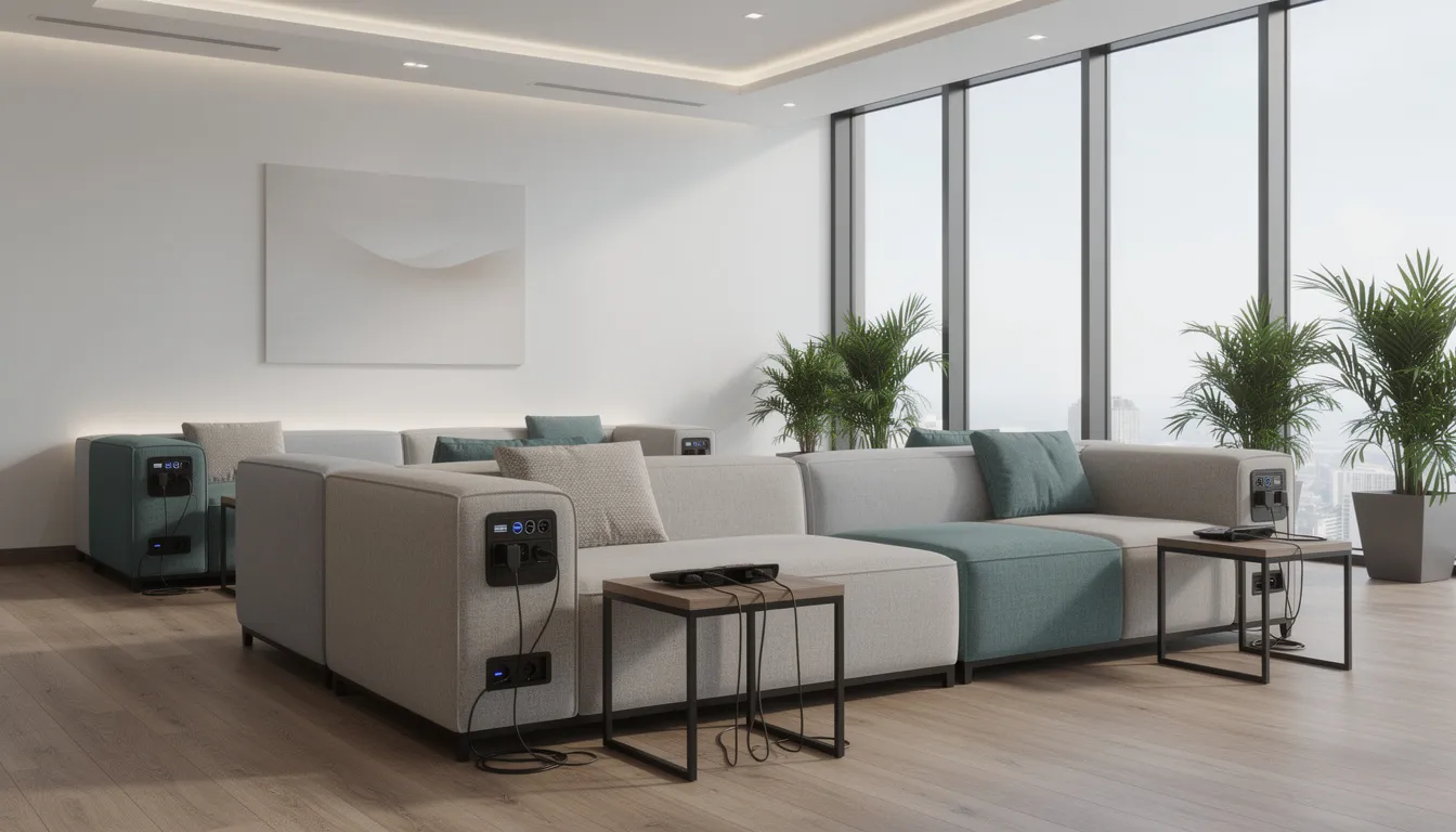 The image depicts a contemporary lounge waiting area featuring modular seating designed for comfort and convenience, with upholstered seats and padded armrests. The space is equipped with integrated charging stations, making it an inviting and practical environment for guests in high traffic areas, such as office reception or lobby settings.
