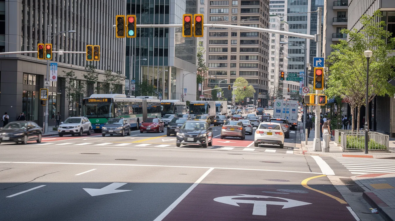 The image depicts a busy urban intersection with traffic lights controlling multiple lanes of vehicles, illustrating a typical scene where motor vehicle accidents may occur. This area could be prone to intersection collisions, highlighting the importance of understanding traffic signals and right of way to prevent accidents.