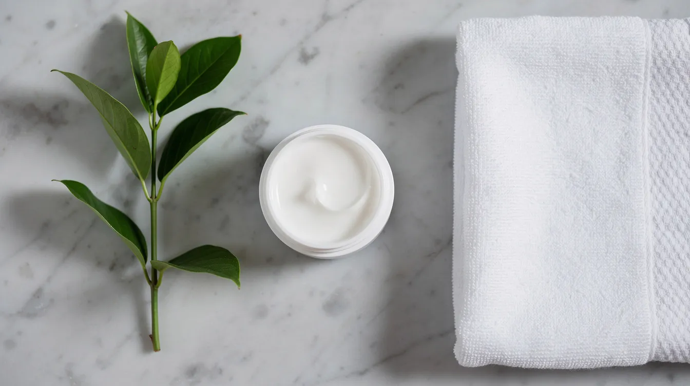 The image features a clean and minimal flat lay of skincare products, including a white jar of cream moisturizer, a green plant, and a soft cotton towel arranged on a marble surface. This serene setup suggests a focus on daily facial moisturizers suitable for various skin types, including sensitive and dry skin.
