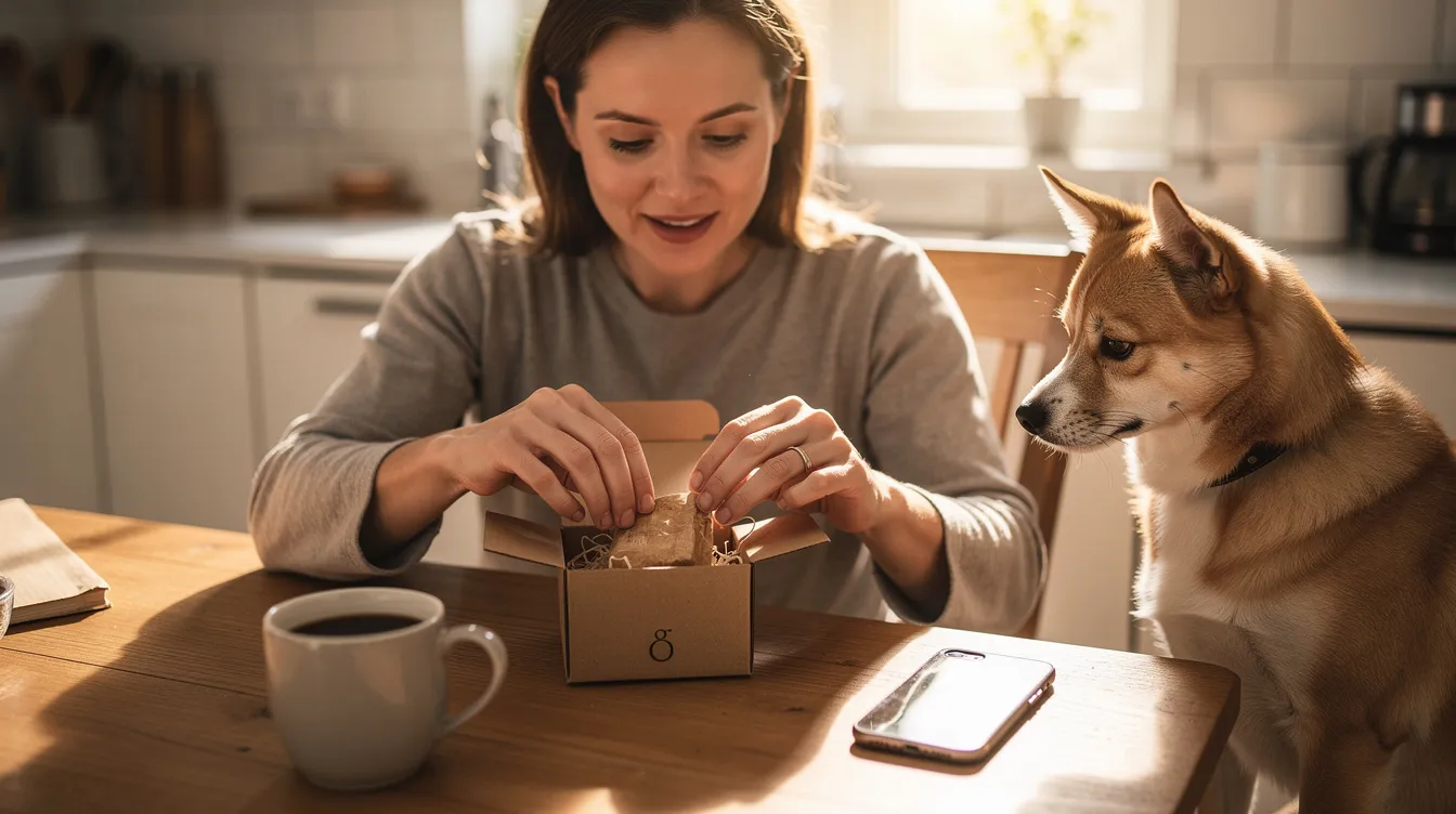 A customer is seated at a kitchen table, eagerly opening a small package while a pet sits nearby, creating a warm and inviting atmosphere. This scene reflects the joy of receiving products from an online store, highlighting the customer satisfaction that comes with a successful dropshipping business.