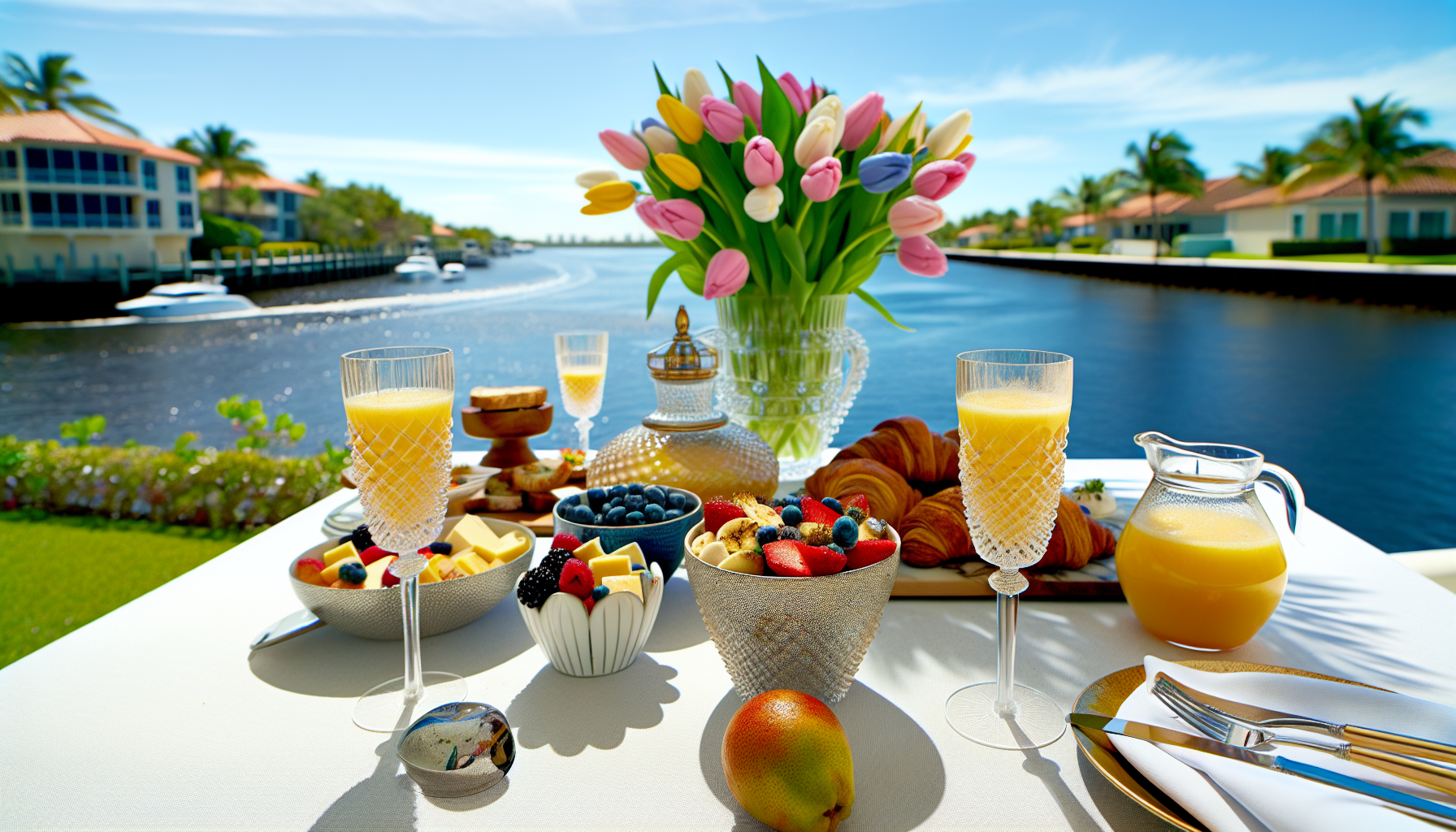 A table set for weekend brunch with a view of the Intracoastal Waterway