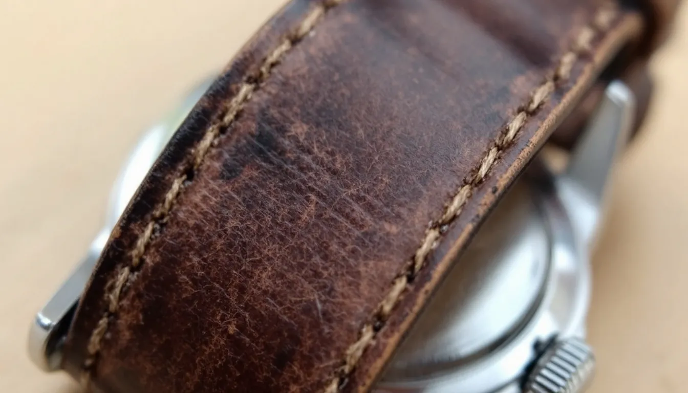 The image showcases a collection of well-maintained leather watch straps, highlighting their beautiful patina developed over time, with shades of brown and classic black. Each strap reflects great craftsmanship and quality, making them perfect for any timepiece.
