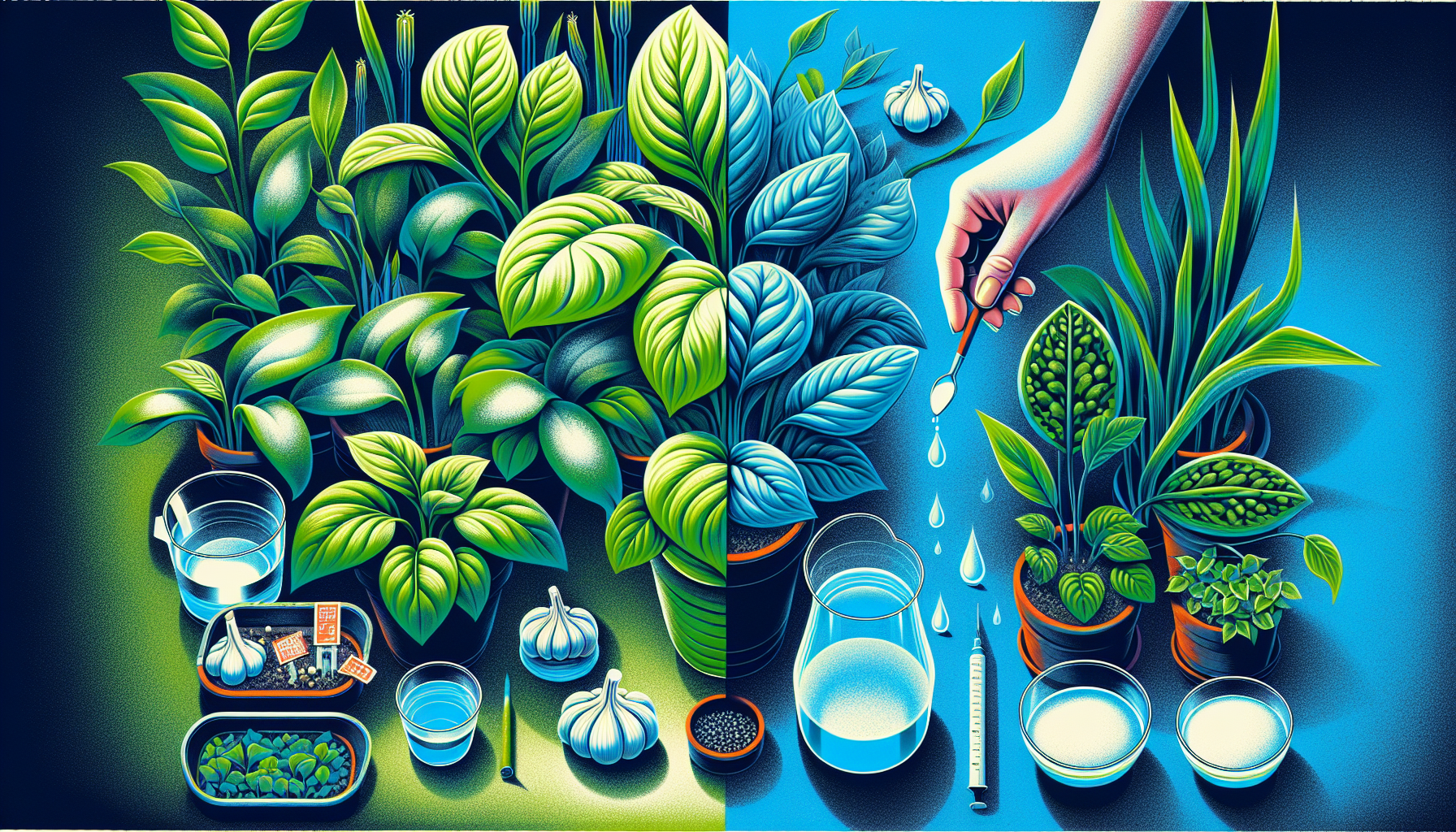Creative illustration of natural remedies and chemical treatments for indoor plants