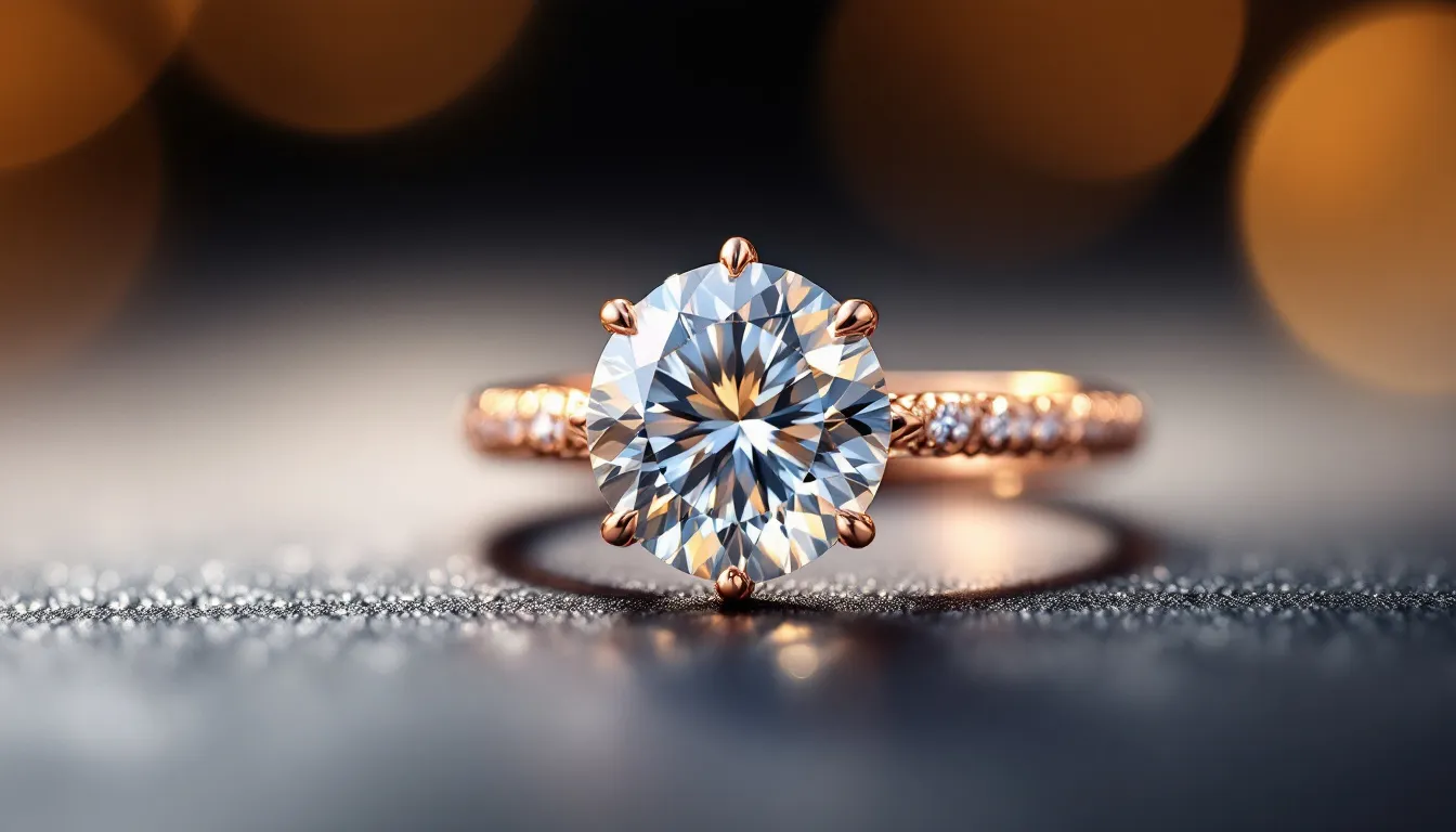 A close-up of a beautiful moissanite engagement ring symbolizing ethical production.