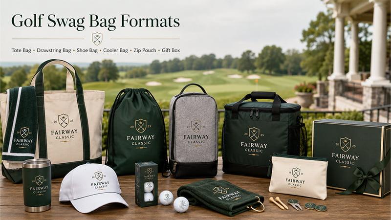 Golf swag bag formats including tote bag, drawstring bag, golf shoe bag, cooler bag, zip pouch, and gift box