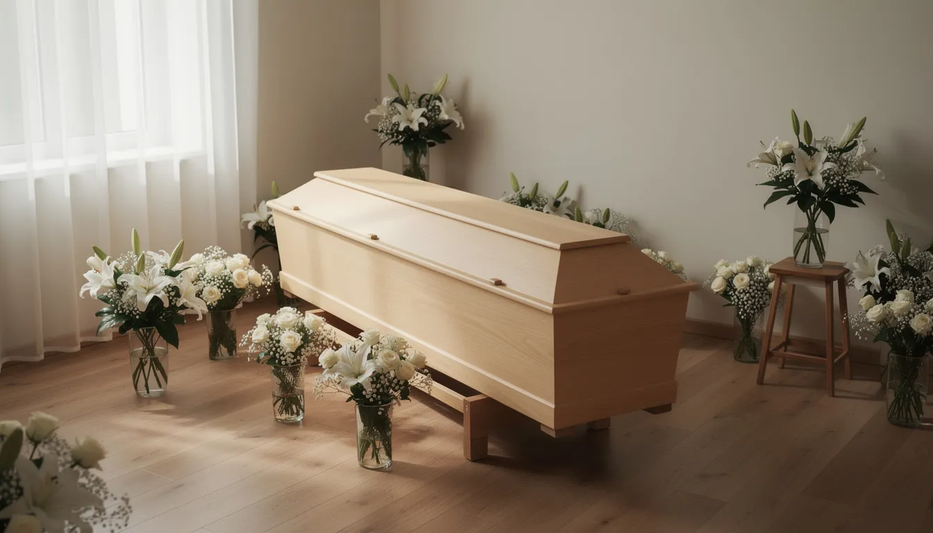 L'image montre un cercueil en bois clair placé dans une pièce paisible