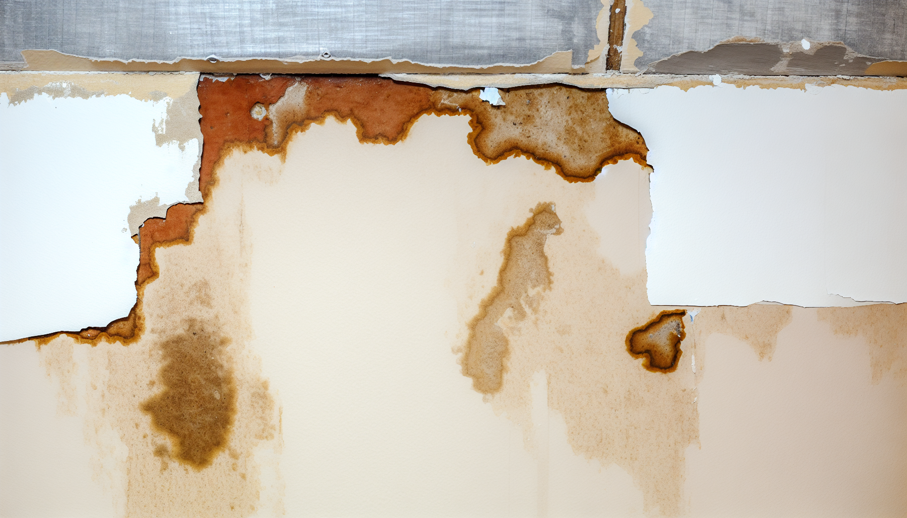 Water damaged drywall with visible brown stains and peeling paint