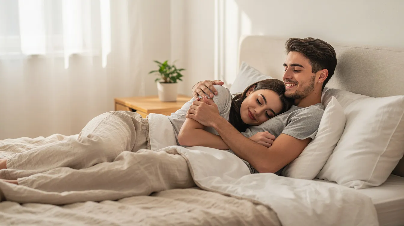 A Gen Z couple is cuddling in bed, surrounded by soft blankets and pillows, showcasing their emotional connection and physical affection. Their relaxed posture reflects a sense of intimacy as they enjoy each other's company, highlighting the importance of honest communication and exploring their sexual compatibility.